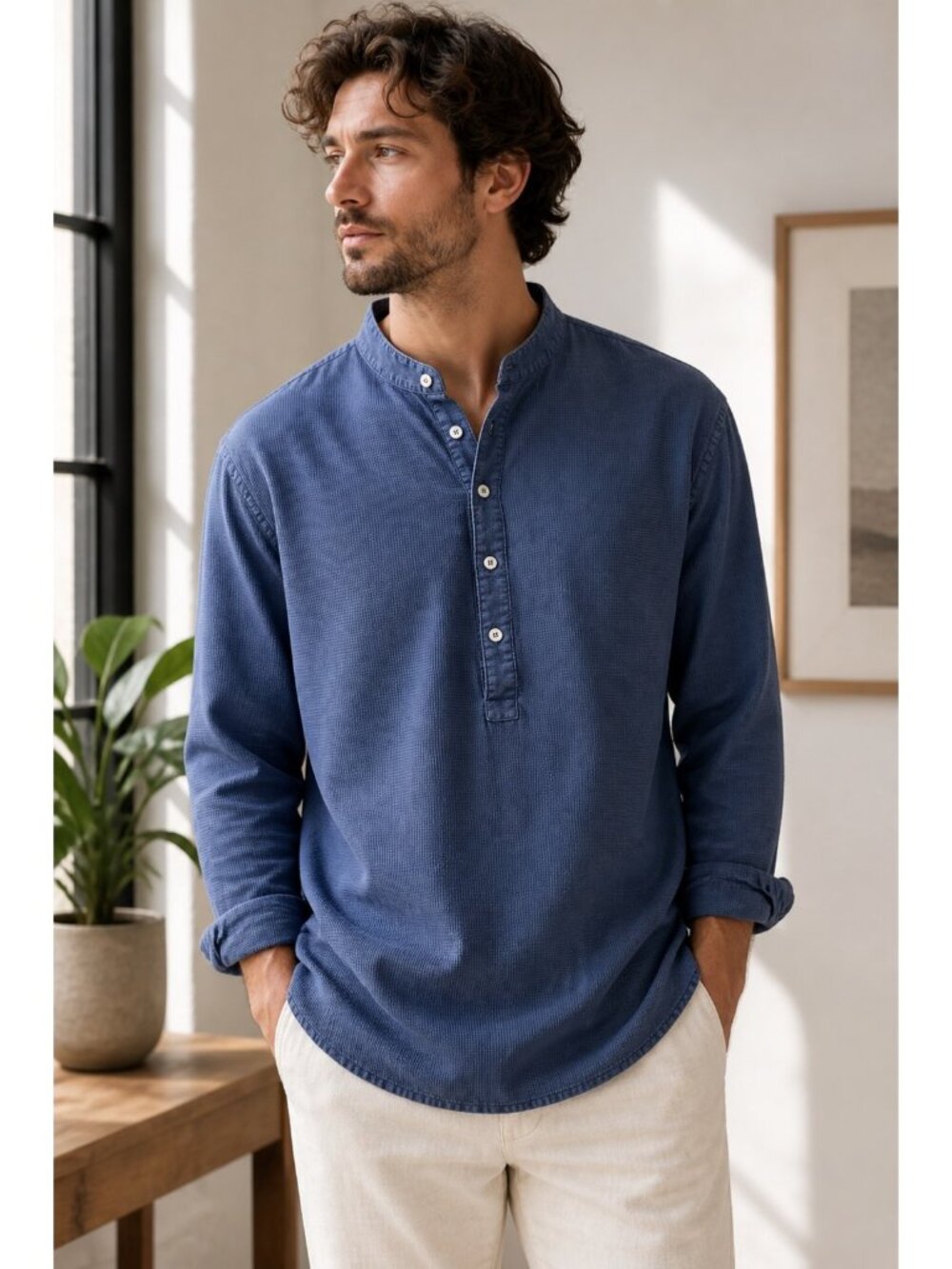 House of St Clair Shirt L Blue Henley Long Sleeve Cotton Waffle USA